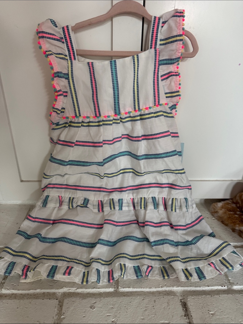 Cat & Jack White Striped Sundress with Pink Pom Trim